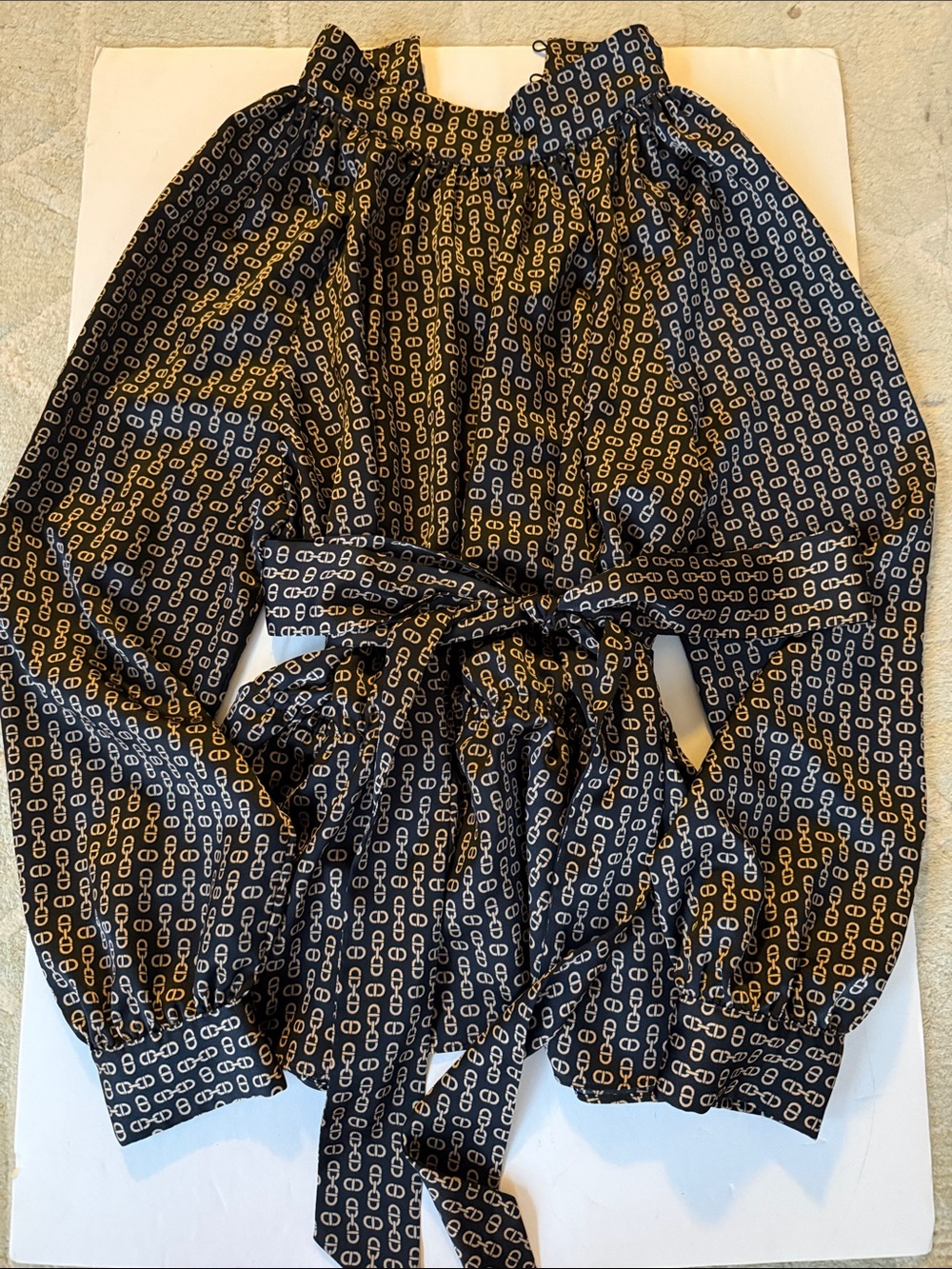 Ann Taylor Black Blouse with Cream Chain-Link Print